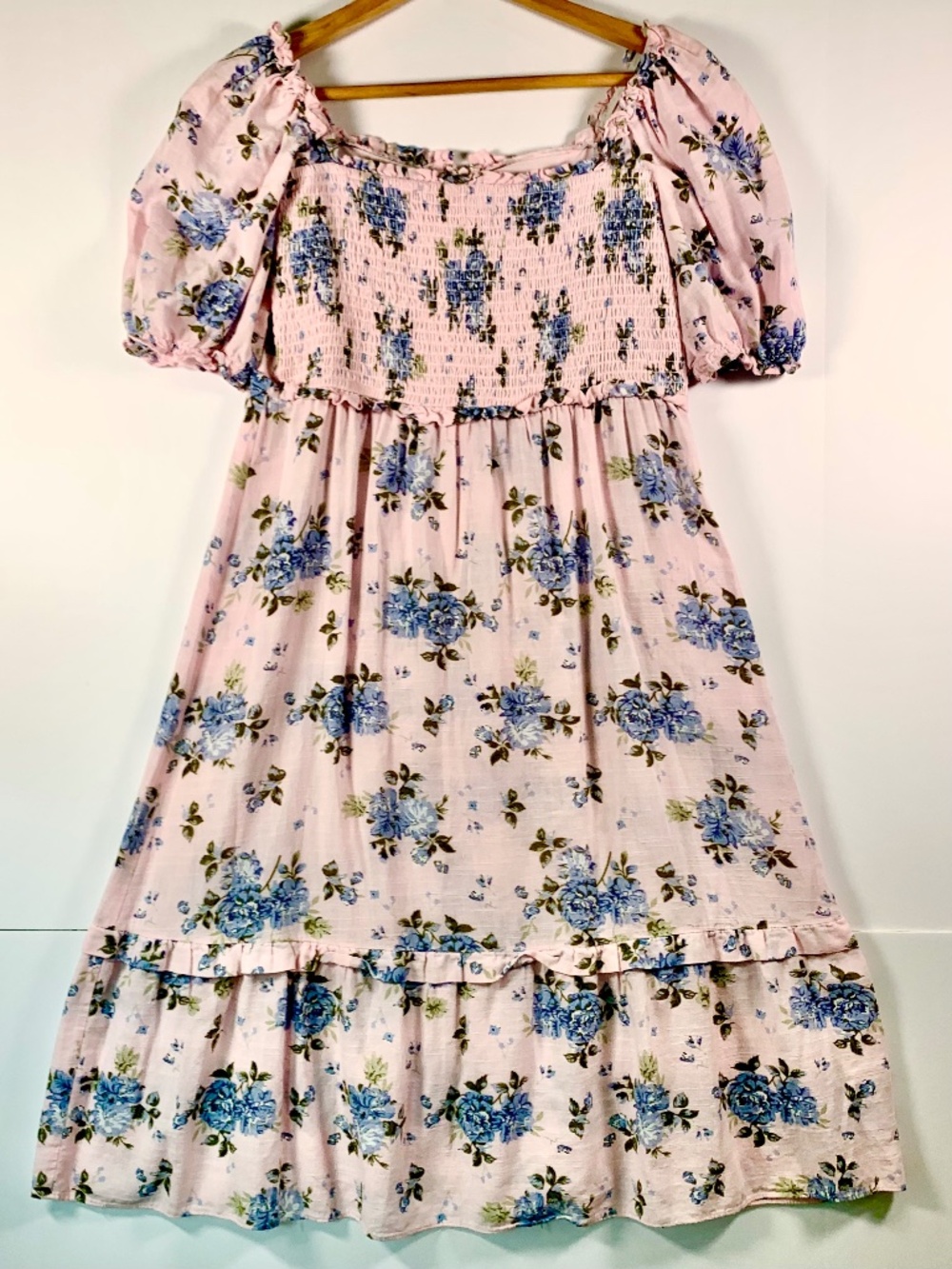Gal Meets Glam pink blue floral smocked midi dress short puff ruffle sleeve